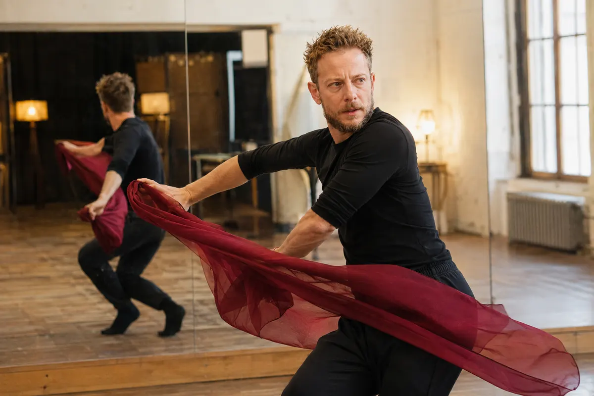 Pablo Balbín en répétition de théâtre physique avec un tissu rouge